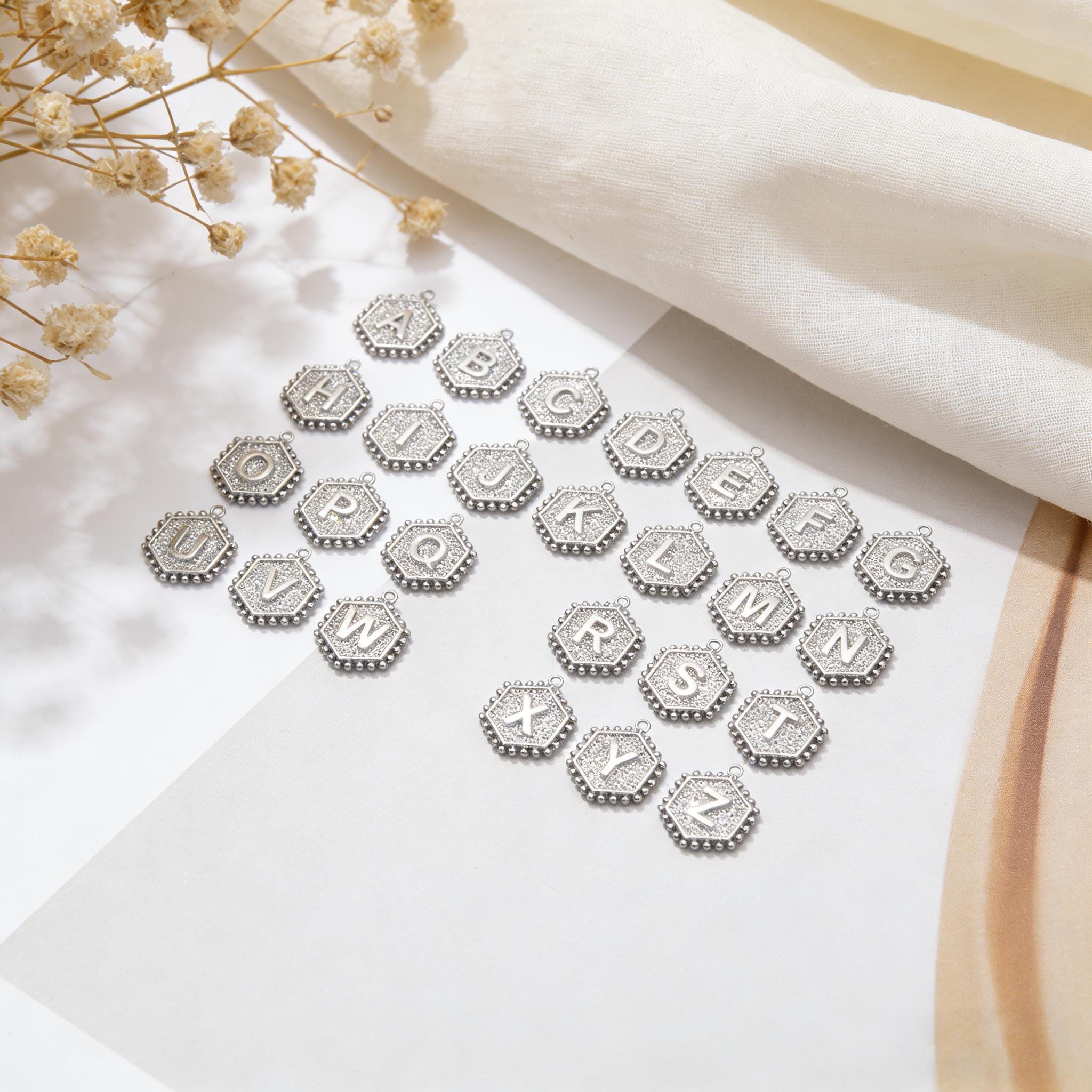 Gold/ Silver Alphabet Charms, English Letter Pendants 16x20mm, Hexagon Initial Coin Pendants (GB-2458)